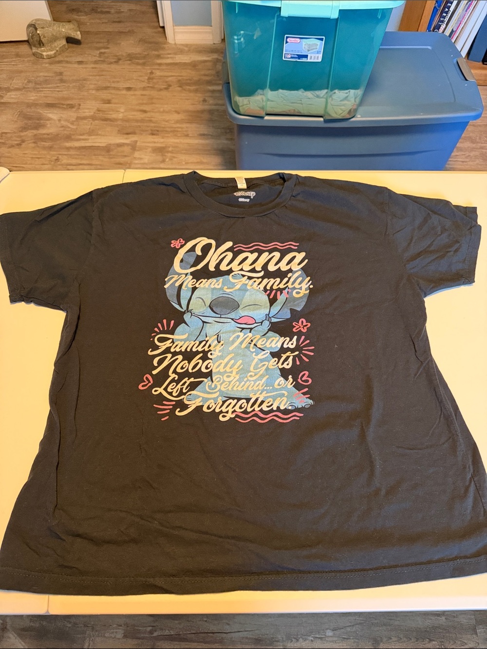 Disney Navy Blue Ohana Means Family Stitch Graphic Tee with Pastel Accents